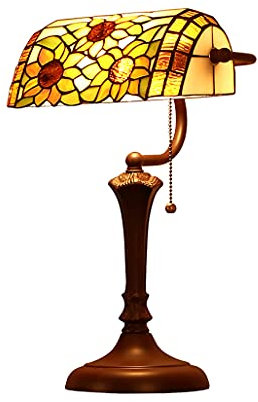 WRMING Traditionelle Bankerlampe Tiffany Vintage Banker Schreibtischlampe Antik Bibliothekslampe aus Metall Einstellbar Sonnenblume Glas Nachttischlampe mit Zugschalter für Schlafzimmer Büro, E27