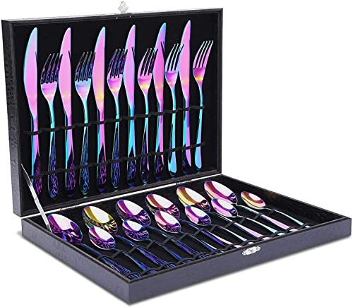 Rainbow Cutlery Set, 24 Piece Flatware Set Stainless Steel Silverware Set 6 People Dinnerware Cutlery Set with Knife Fork Spoon for Home Restaurant and Housewarming Gift (Rainbow)
