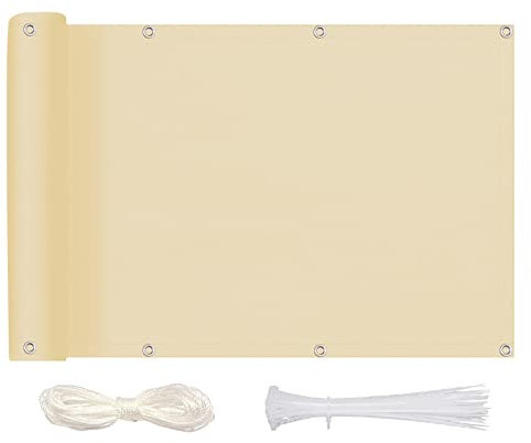 MEEYI Sichtschutz Balkon Sichtschutz 80x200cm, Balkonsichtschutz Blickdichte Wind- und UV-Schutz Wetterfest 100% Privatsphäre Balkonumspannung mit Ösen, Nylon Kabelbinder und Kordel, Beige