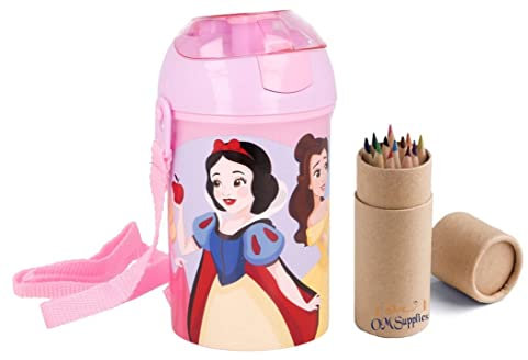 OM SUPPLIES Disney Princess Pop Up Water Bottle Drink Bottle Flask with Neck Cord for Easy Carry School Lunch Kids Childrens 450ml Includes Half Size 12pcs Pencil