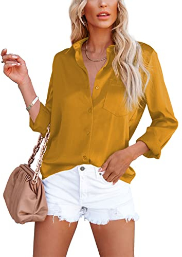Homlan Blusa elegante de mujer con cuello en V de satén, mangas largas, estilo informal, camisa holgada de color sólido con bolsillo en el pecho