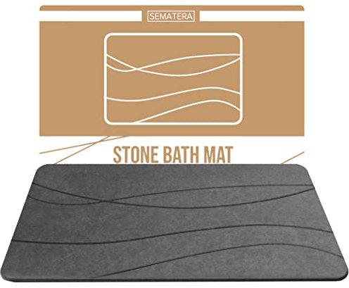 SEMATERA Luxuriöse Stein-Badematte für Badezimmer, Dusche und Eingangsböden, Kieselgur mit rutschfester Trittfläche, super saugfähig, schnell trocknend (grau) (grau mit Linien)