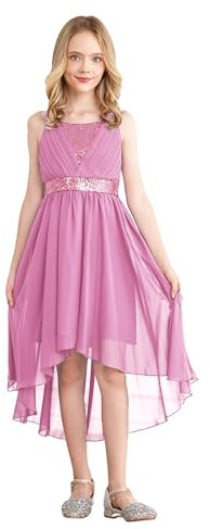 Freebily Robe de Mariage Enfant Fille Chiffon Robe de Soirée Princesse Mousseline Doublure Satin Sequins Ourlet Haut et Bas Robes de Cocktail Rose 7-8 Ans