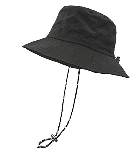 woogwin Wasserdichter Eimer-Regenhut mit Kinnriemen, schnell trocknend, verstaubar, Boonie-Sonnenhut, Safari-Hut, UV-Schutz, Schwarz, M/XL