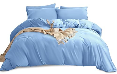 Imperial Rooms Double Duvet Cover Set Brushed Microfiber Plain Bedding Light Blue Bed Set with Pillow Cases Ultra Soft Button Closure Quilt Cover (200 x 200 Cm)