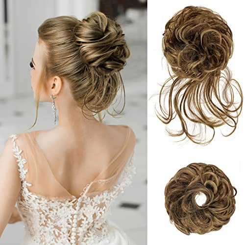 Haarteil Mit Gummiband, Groß Dutt Haarteil Gelockt Haargummi Haaren Hochsteckfrisuren Haarverlängerung Messy Bun Haarteile with Braids, Brautfrisuren Voluminös Gelockt Unordentlich Dutt, 45g (Braun)