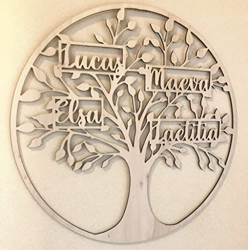 Arbre de vie décoration murale famille bois personnalisé (4 prénoms, Brut)