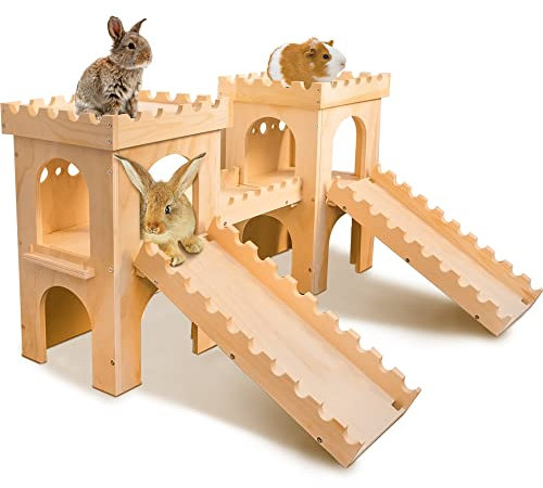 Extra großes hölzernes Kaninchenschloss Versteck Tunnel und Bett Kleintierversteck Hütte solide sichere Konstruktion Spielversteck Hütte für Kaninchen Meerschweinchen Chinchilla