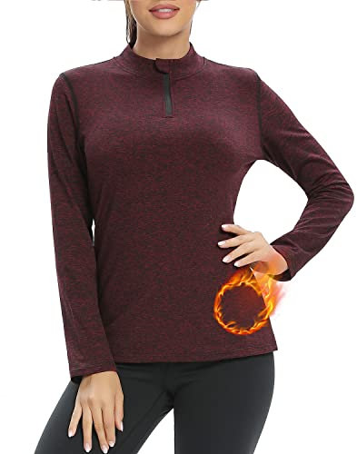 Damen Fleece Laufshirt Fleecepullover Langarm, 1/4 Reißverschlus Funktionsshirt Thermo Atmungsaktive Sportshirt Fitness Shirt Winter Warm,Rotwein,M