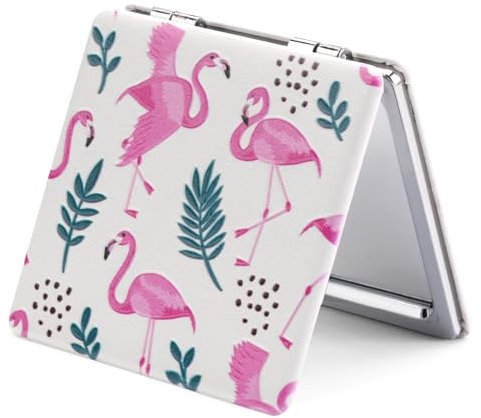 OMIRO Miroir grossissant 1X/3X, Peinture Unique Miroir Compact avec Cuir PU Classique (Flamants Roses)