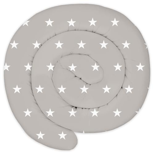 Totsy Baby Coussin serpentin XXL Roulé de lit Bordure - 300 cm - d’Allaitement décoratif Protection Bord Serpent XL Fait Main Motif Étoiles Blanches Gris Certificat Oeko-Tex