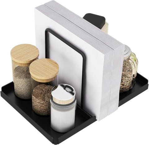STWWO Porte-serviettes noir en métal avec plateau pour salière et poivrière, distributeur de serviettes pour table, accessoires de cuisine, support pour décoration, mise à niveau 14 cm