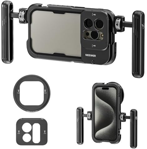 NEEWER 15 Pro Telefonkäfig Video Rig mit Zwei Griffen, kompatibel mit iPhone 15 Pro, Metall 67mm Filteradapter, 17mm Objektiv Backplane, Telefon Rig Handy Stabilisator für Videoaufnahme, PA023K