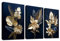 3 Pcs Fleurs 3D bleu marine et or Cadre en bois Impression sur Toile Tropical Coco Feuilles Toile Peinture Image Tableau Decoration Murale Salon Chambre Maison Décorations 150x70cm(20x28x3pcs)