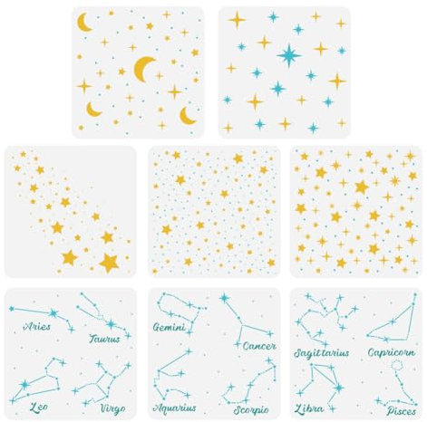 FINGERINSPIRE 8Pcs Pochoir de Peinture Étoiles Scintillantes de Lune 30x30cm Pochoir de Dessin de Constellation Du Zodiaque Pochoir Décoratif Thème Fantastique pour Mur Sol Bois Toile Meubles en Tissu