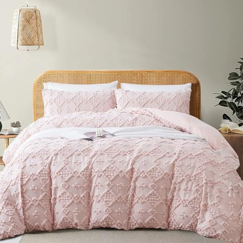 Freyamy Getuftet Bettwäsche 200x220 Romantisch,Boho Bettwäsche Sets,Chic Geometrische Wendebettwäsche Rosa,Bohemien Pinch Wende Bettwäsche Tufting Vintage Bettwäsche mit Kissenbezüge 80x80cm