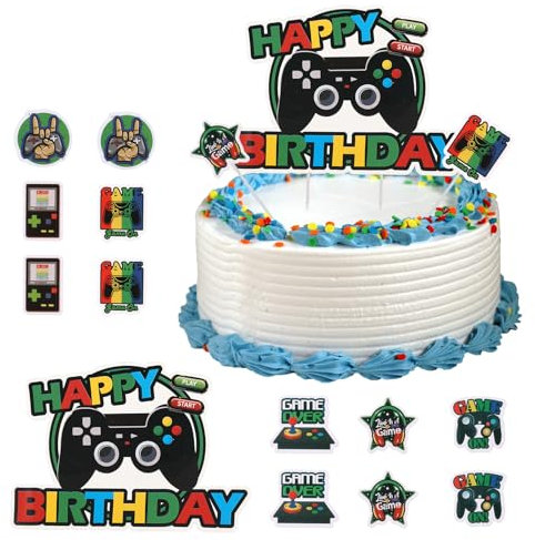 Geburtstagstorten-Deko für Jungen - Videospiel Kuchendeko - Cake Topper Happy Birthday Gamer - Torte, Cupcakes, Muffins - Kindergeburtstag und Schulanfang
