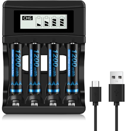 CITYORK 4 Stücke Wiederaufladbare AAA Lithium Akkus mit 4 Slots 1,5V Ladegerät, 1200mWh AAA Lithium Batterie, 1,5V konstante Spannung Ausgang Akku