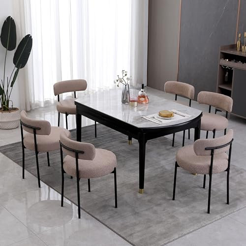 AISALL Esszimmerstühle 6er Set mit Rückenlehnen,Küchenstühle Gestell aus Schwarze Metall, Polsterstuhl Modern Retro Design Stühle, Stühle für Küche, Esszimmer, Hellbraun