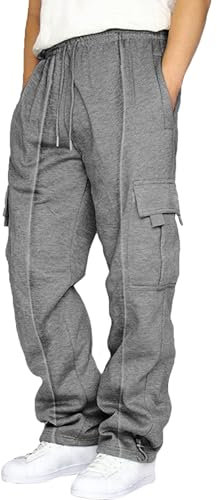2024 AI - Pantaloni Cargo da trekking da uomo, taglio casual, coulisse in vita elastica, Jogging, pantaloni della tuta, sport, atletica, con tasche per lo chef pantaloni da uomo, grigio, S