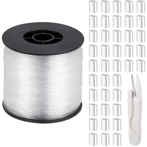 Zocipro Filo Invisibile da Appendere 0.8mm x 200m, Filo Nylon Trasparente con 120 Manicotti ad Anello di Aggraffatura in Alluminio e 1 Forbice, per Pesca, Appendere, Artigianato