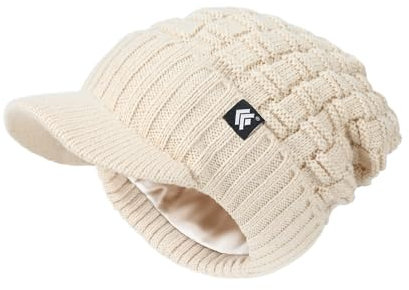 Creekstone Beanie für Damen Herren Satin gefütterte Wintermützen Slouchy Beanies Hüte Satin gefütterte Beanie mit Krempe Visier (DE/NL/SE/PL, Alphanumerisch, Einheitsgröße, Beige)