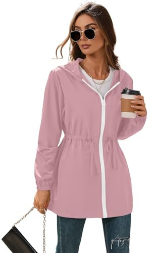 SotRong Giacca a vento da donna, leggera, sottile, con cappuccio, impermeabile, pieghevole, antipioggia, con cerniera, per tutte le stagioni, rosa, L