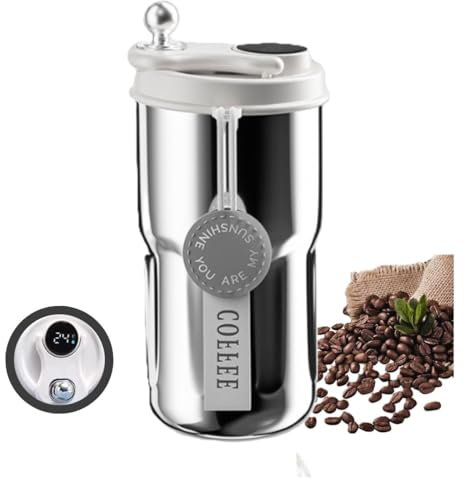 Unicblend Termo Cafe, Acero Inoxidable,420ML, Doble Sistema Antifugas, Taza Termo Para Llevar Café o Infusiones,Pantalla Inteligente Indicador de Temperatura WHITE&METALIC