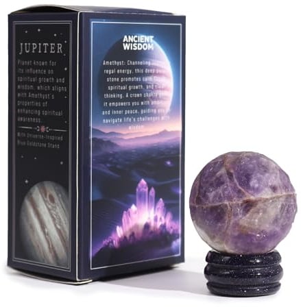 Jupiter Gemstone Planet Amethyst Sphere - Wisdom, Power, Knowledge | 40mm Crystal Ball with Solar Goldstone Stand - Crown Chakra Healing Stone for Spiritual Growth, Calm Focus, and Inner Peace