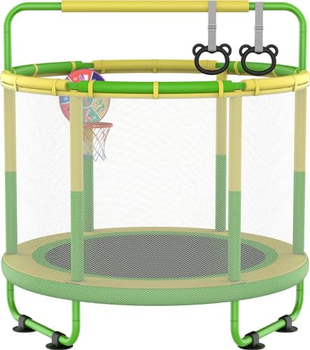 CZCPAPY Children'S Trampoline, Outdoor Children'S Trampoline, Indoor and Outdoor Use, with Safety Net, Basket, Poles, Swings, Gift for Kids (yellow green)