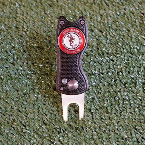 Man Utd Ball Marker with Golf Divot Repair Tool - Gift Combo. Pitch Mark Tool has Pop-up Button & Foldable Tines to Protect Pockets. Lightweight, Portable. (black)