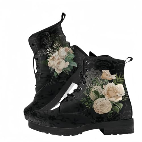 Ulalaza Frauen gedruckt kurze Stiefel Herbst und Winter Lace-up-Kampfstiefel Stiefeletten Rose Schädel Cartoon-Muster Geschenke für Mädchen Frauen