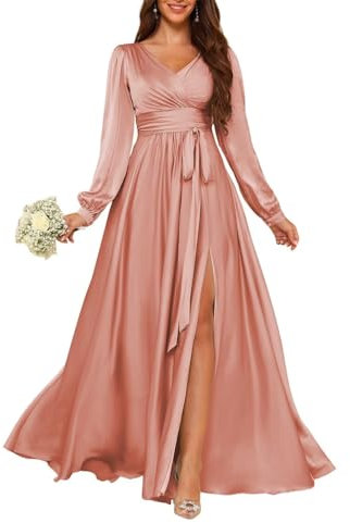 HPPEE Robe de demoiselle d'honneur en satin avec col en V et manches - Robe de soirée longue avec fente, vieux rose, 52 Grande taille