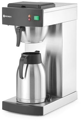 HENDI Machine à café filtre, café moulu pour filtre, incl. 100 filtres à café en papier et 1 verseuse isotherme de 2L, cafetière filtre, à goutte, 230V, 1400W, 215x410x(H)520mm, acier inoxydable