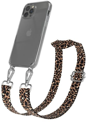 EAZY CASE Handykette - Verstellbares Taschenband kompatibel mit iPhone 12, Schulterriemen, Handykordel mit Silikon Hülle, Umhängetasche,Leo - Schwarz Braun Metall Silber