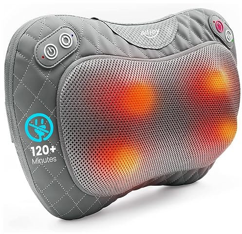 ALLJOY Cojín de Masaje Inalámbrico, Masajeador Cervical y Espalda Shiatsu con Calor, Masajeador de Cuello Hombros 3 Niveles con 4 Nodos, Regalos para Mujeres Hombres para Coche Hogar Oficina
