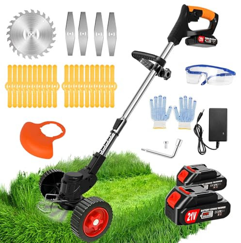 Decespugliatore a Batteria, 21V Tagliabordi a Batteria con 2 2.0Ah Batterie e 4 Tipi di Lame, Tagliaerba Elettrico Batteria Decespugliatori da Giardino con Rotelle Altezza Regolabile per Prati, Arbust