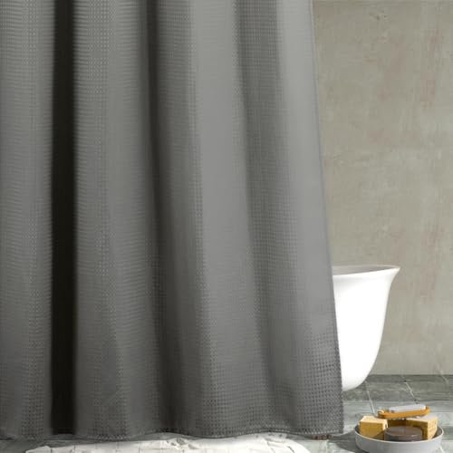 Grey Waffle Weave Shower Curtain: Gray Heavy Duty Textured Fabric Shower Curtains for Bathroom - Water Repellent Washable Thick Polyester Cloth Bath Curtain - 183 x 183 cm Drop