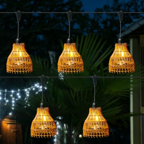 MARELIDA LED Outdoor Lichterkette BOHO Stil Party Deko Lichterkette mit 5 beleuchtenen Lampenschirmen in Korboptik für Außen Garten Balkon Terrase koppelbar