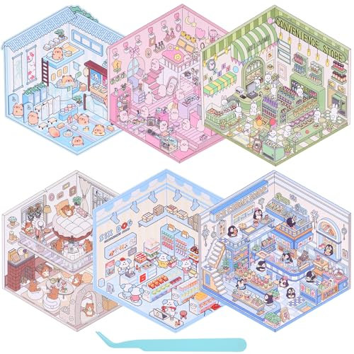GTNCE 6 Stück 3d Sticker Scene, DIY 3D House Stickers mit 1 Pinzetten, Miniatur 3D Hausaufkleber Set, Kreative Szene Spaß Stacking, Machen Sie Ihren Eigenen Supermarkt, Café, Restaurant