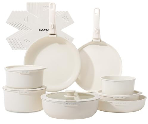 JEETEE Batterie de Cuisine Antiadhésive 19 Pcs, Sets de Poêles et Casseroles avec Poignée Amovible, Ensemble de Cuisine pour Camping-car, Empilable, Passe au Four, Sans PFAS/PFOA, Beige