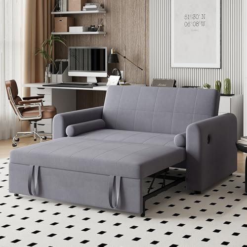 Hadibio 2 Seater Sofa Bed, 3 in 1 Convertible Sleeper Bed with USB & Type-C Ports, Pull Out Double Sofa Bed with Adjustable Backrest, Full Size Fabric Couch Bed for Living Room/Apartment, Dark Grey