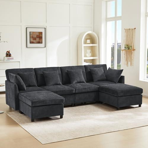 Zepneiy Sofa mit Schlaffunktion, Big Sofa 3 Sitzer Sofa U Form Modernes Design, Polstermöbel Loungesessel mit abnehmbarem Fußhocker, Wohnzimmer Möbel Schlafsofa für Zuhause, Chenille Grau