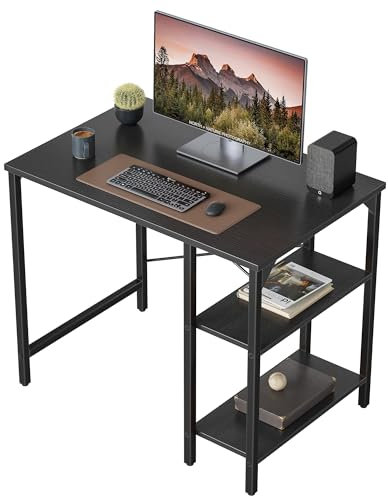 CubiCubi Small Computer Desk, 90 x 48 cm Office Desk with Reversible Storage Shelves, Modern Style for Study, Bedroom, Living Room, Black