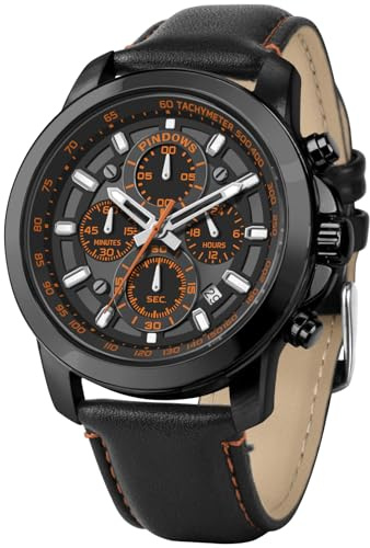 PINDOWS Men's Chronograph Watch, Analogue Quartz with Leather Strap | Stainless steel case, luminous hands, date display and 30-metre splash resistance for business, casual and evening wear