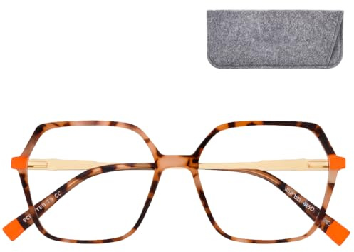 Blaulichtfilter Brille Damen XL Sechseckig Metall mit Filzetui | Kantige Hexagon-Computerbrille, 138 mm breit und 25 g, mit klaren Gläsern, UV-Schutz und Metallbügeln