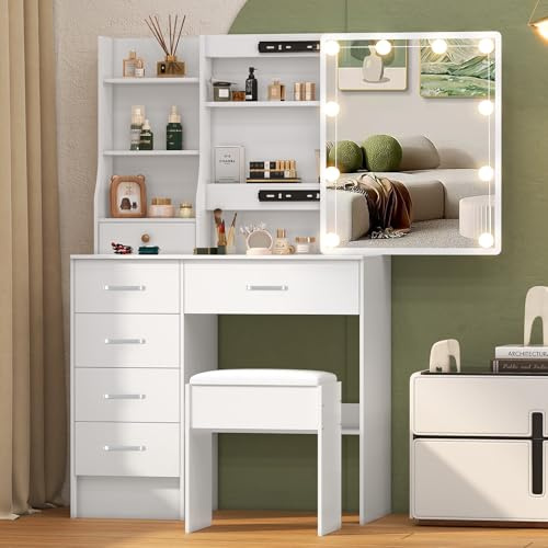 Teousev Schminktisch mit Schiebetürspiegel und Hocker, Stabiler Frisiertisch mit dimmbarer Beleuchtung, 6 Schubladen und 6 Regalen, 36×80×131 cm, Weiß, J90107