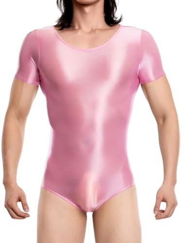 RuiChy Herren Body mit glänzendem Trikot kurzärmelig einteilig Jumpsuits Herren Dessous Bodys Tank Tops Unterwäsche Cosplay Kostüm Party Clubwear Nachtwäsche (Rosa/L)