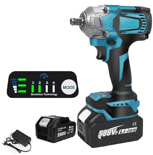 Akku Schlagschrauber für Makita 18V Akku,1/2 Zoll Bürstenloser Schlagschrauber mit LED-Licht, 4 vitesses avant/arrière, 500N.M Elektro-Schlagschrauber für Autoreifen,Gerüstbau,DIY (1 Akku)