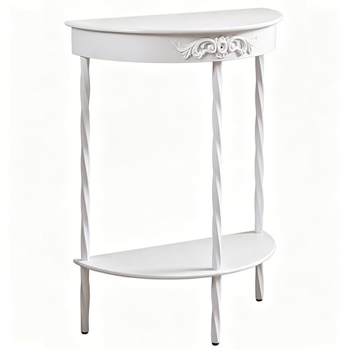 YANGLLYJ 2 Ripiani Consolle a Mezzaluna, Tavolino Ingresso Vintage con Gambe Ritorte per Corridoio e Soggiorno(White)